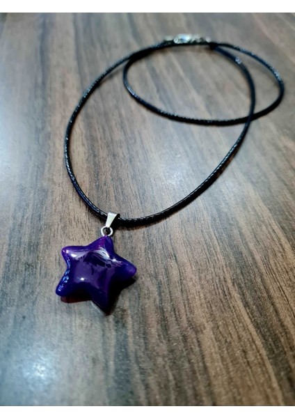 Sertifikalı Mor Akik Doğal Taş Kolye Yıldız Model Zincir Hediyeli
