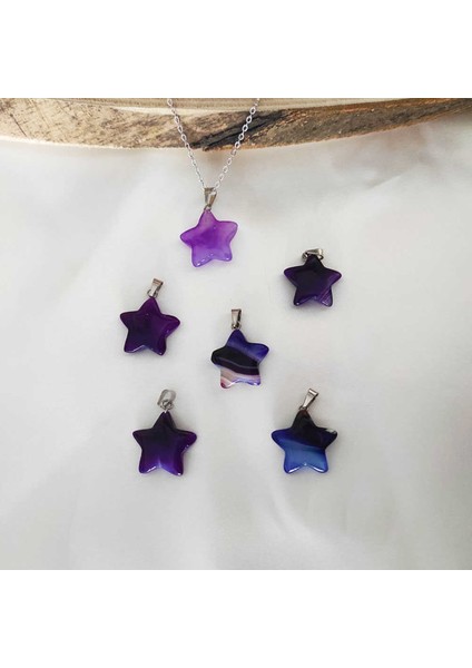 Sertifikalı Mor Akik Doğal Taş Kolye Yıldız Model Zincir Hediyeli modelleri