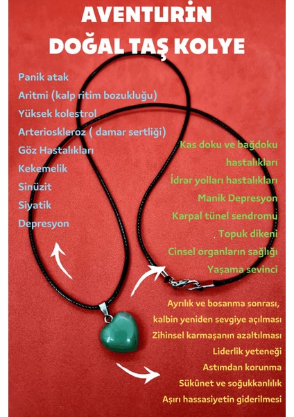 Sertifikalı Doğal Aventurin Taşı Kalp Kolye Zincir Dahil