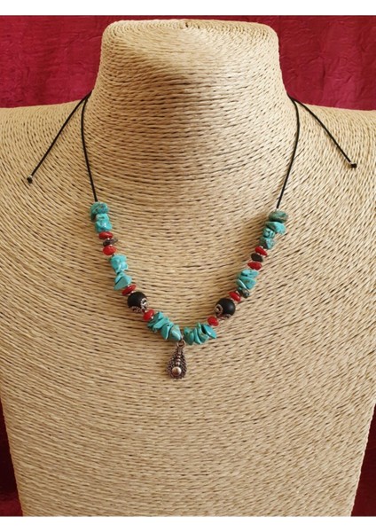 Sertifikalı Doğal Taş Kolye Turkuaz Hematit Mercan Oniks Doğal Taş