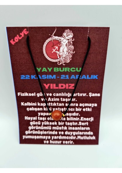 Sertifikalı Yay Burcu Yıldız Taşı Doğal Taş Kolye