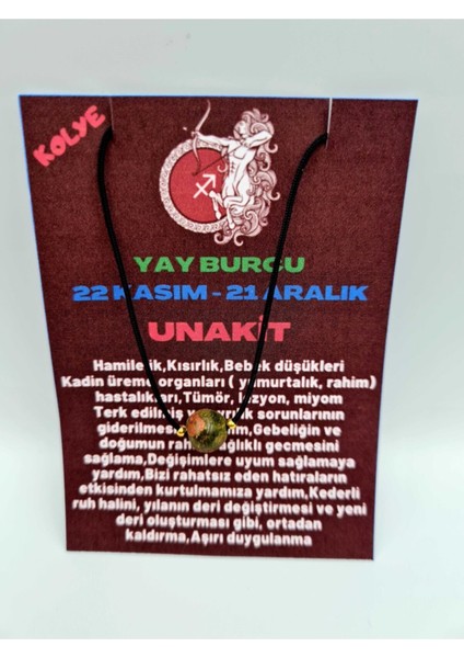 Sertifikalı Yay Burcu Unakit Taşı Doğal Taş Kolye