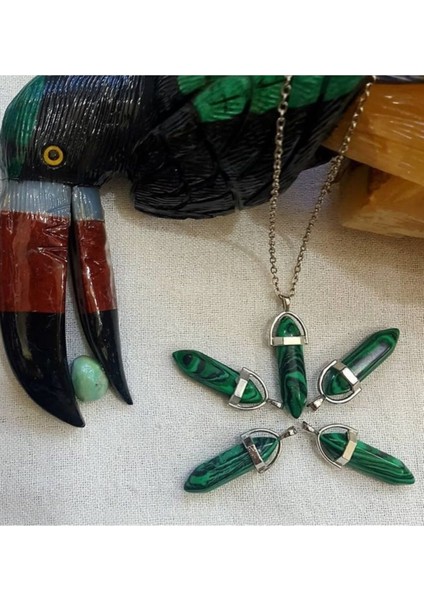 Sertifikalı Malahit Doğal Taş Pandül Kolye Zincir ve Ip Dahil