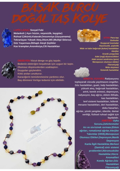 Sertifikalı Özel Tasarım Başak Burcu Kolye Lapis Lazuli Opal Obsidyen Kristal Kuvars Ametist