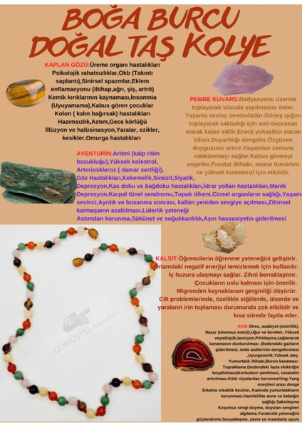 Sertifikalı Özel Tasarım Boğa Burcu Kolye Kaplan Gözü Pembe Kuvars Aventurin Akik Kalsit