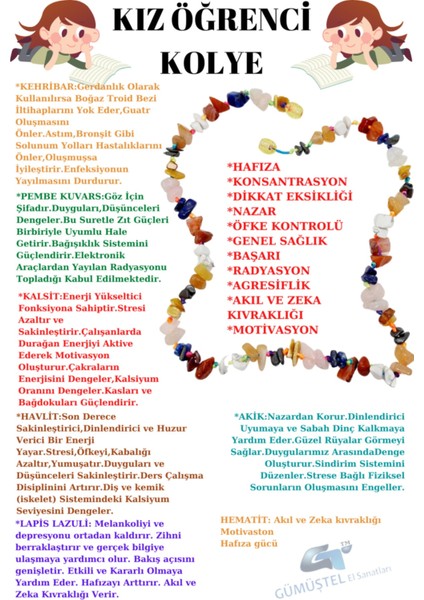 Sertifikalı Kız Öğrenci Kolyesi Kehribar P. Kuvars Kalsit Havlit Lapis Akik Hematit Doğal Taş Kolye