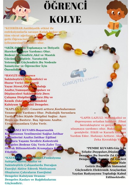 Sertifikalı Öğrenci Kolyesi Kehribar,akik,havlit,kaplan Gözü,dumanlı Kuvars,kalsit,lapis Lazuli,pembe Kuvars