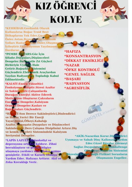 Sertifikalı Kız Öğrenci Kolyesi Kehribar Pembe Kuvars Kalsit Havlit Lapis Lazuli Akik