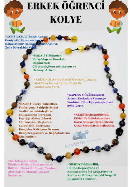 Sertifikalı Erkek Öğrenci Kolyesi Lapis Lazuli Kehribar Sodalit Kalsit K Gözü Krizokol Akik Obsidyen