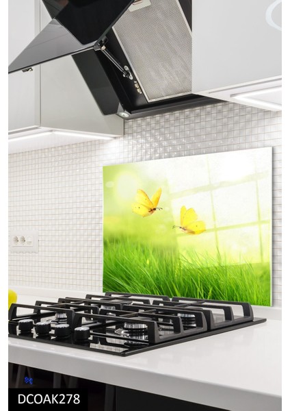 Cam Ocak Arkası Koruyucu | Sarı Kelebekler