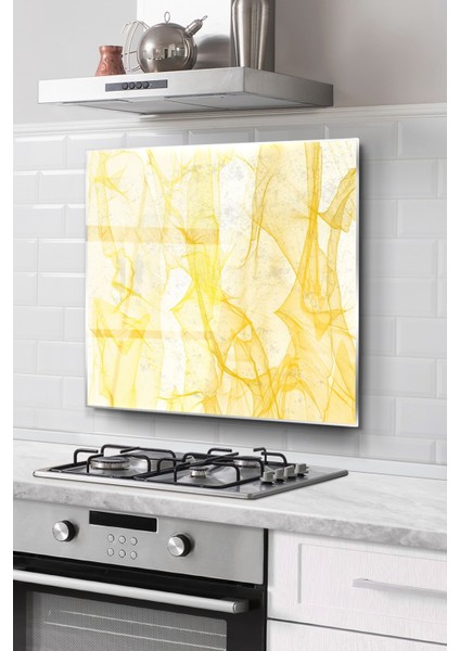 Ocak Arkası Cam Koruyucu Tezgah Ankastre Arkası Koruyucu | Sarı Geometrik Desenli