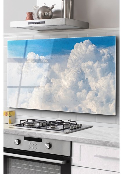 Ocak Arkası Cam Koruyucu Tezgah Ankastre Arkası Koruyucu | Bulut Desenli