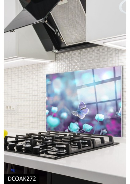 Cam Ocak Arkası Koruyucu | Mavi Kelebek