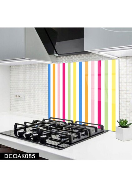 Cam Ocak Arkası Koruyucu | Renkli Çizgi Desenli