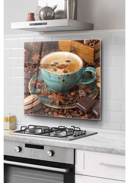 Ocak Arkası Cam Koruyucu Tezgah Ankastre Arkası Koruyucu | Kahve Fincanı ve Çikolata