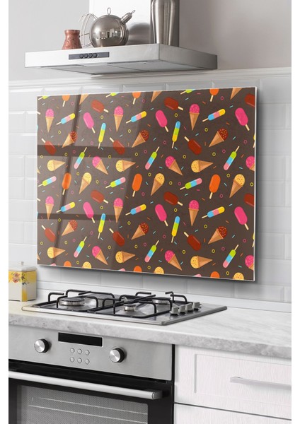 Ocak Arkası Cam Koruyucu Tezgah Ankastre Arkası Koruyucu | Dondurma Desenli