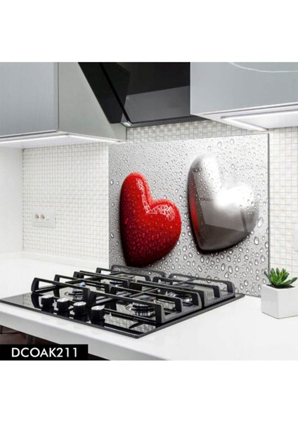 Cam Ocak Arkası Koruyucu | Kalp ve Su Damlacıkları