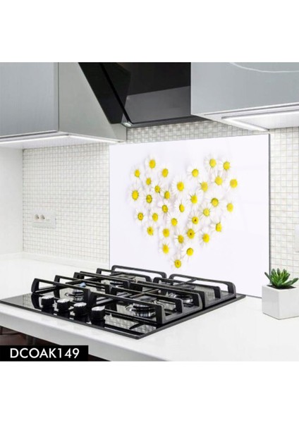 Cam Ocak Arkası Koruyucu | Kalp Papatya Desenli