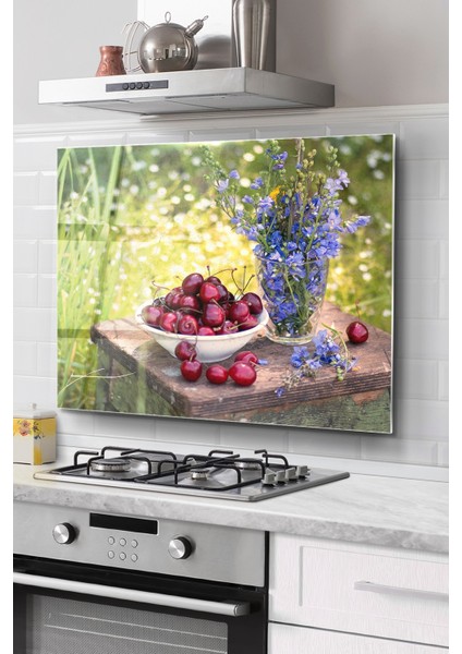 Ocak Arkası Cam Koruyucu Tezgah Ankastre Arkası Koruyucu | Kirazlar ve Çiçek