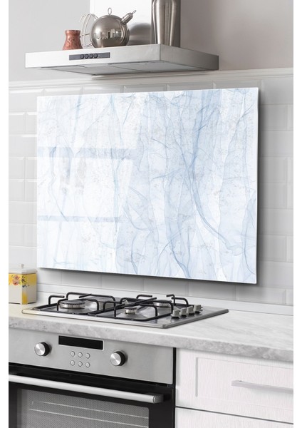 Ocak Arkası Cam Koruyucu Tezgah Ankastre Arkası Koruyucu | Mavi Geometrik Desenli