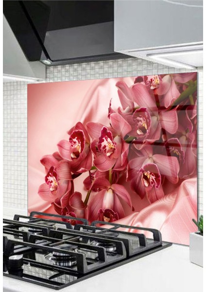 Cam Ocak Arkası Koruyucu Ankastre Arkası Koruyucu | Pembe Çiçek