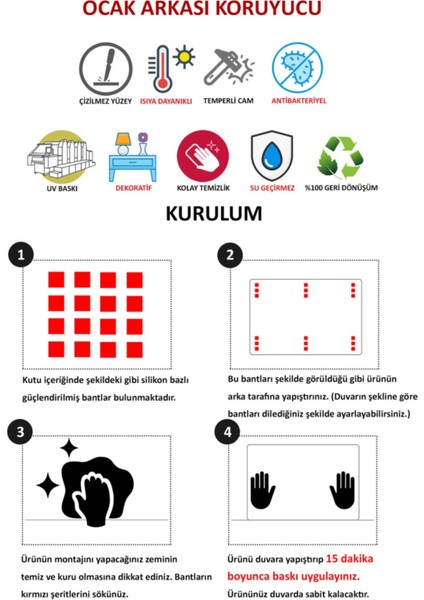 Cam Ocak Arkası Koruyucu Ankastre Arkası Koruyucu | Kalp ve Su Damlacıkları
