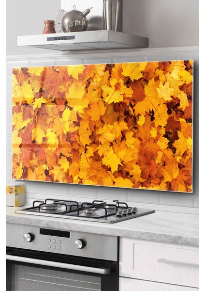 Ocak Arkası Cam Koruyucu Tezgah Ankastre Arkası Koruyucu | Sonbahar Yaprak Desenli