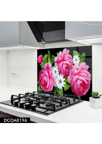 Cam Ocak Arkası Koruyucu | Pembe Beyaz Çiçek