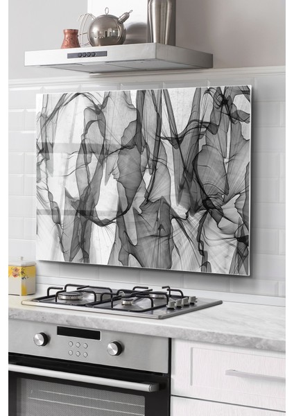 Ocak Arkası Cam Koruyucu Tezgah Ankastre Arkası Koruyucu | Siyah Geometrik Desenli