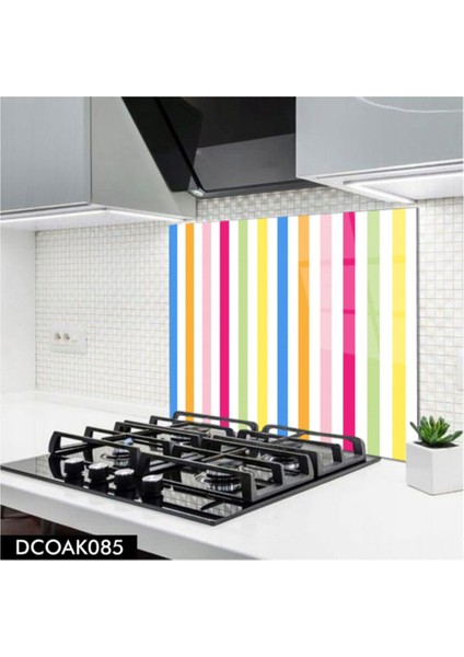 Cam Ocak Arkası Koruyucu | Renkli Çizgi Desenli