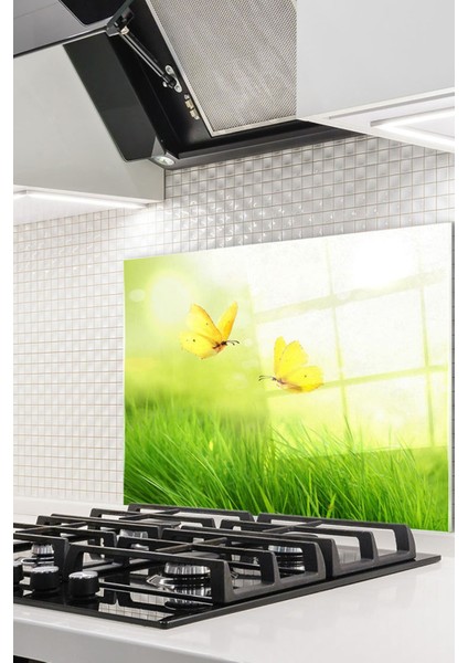 Cam Ocak Arkası Koruyucu Ankastre Arkası Koruyucu | Sarı Kelebekler