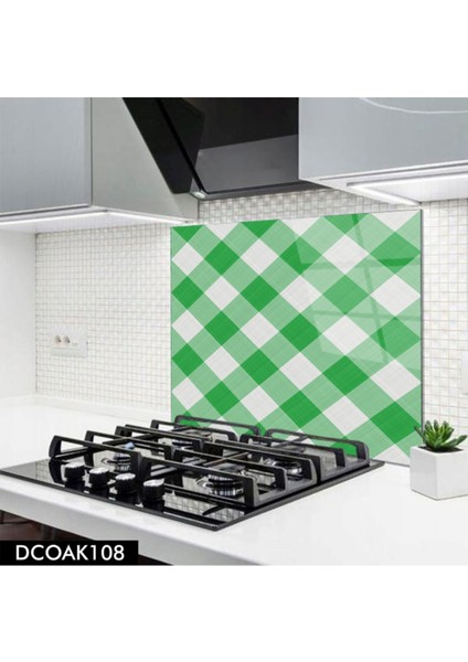 Cam Ocak Arkası Koruyucu | Yeşil Kare Desenli