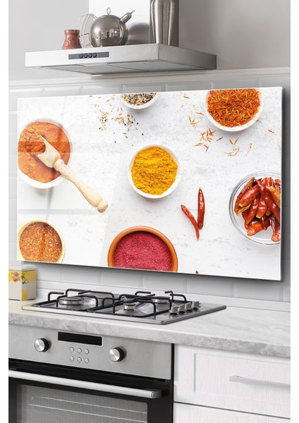 Ocak Arkası Cam Koruyucu Tezgah Ankastre Arkası Koruyucu | Baharat Desenli