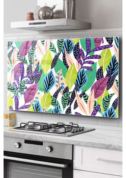 Ocak Arkası Cam Koruyucu Tezgah Ankastre Arkası Koruyucu | Renkli Yaprak Desenli