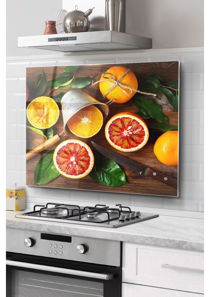 Ocak Arkası Cam Koruyucu Tezgah Ankastre Arkası Koruyucu | Portakal Dilimleri ve Greyfurt
