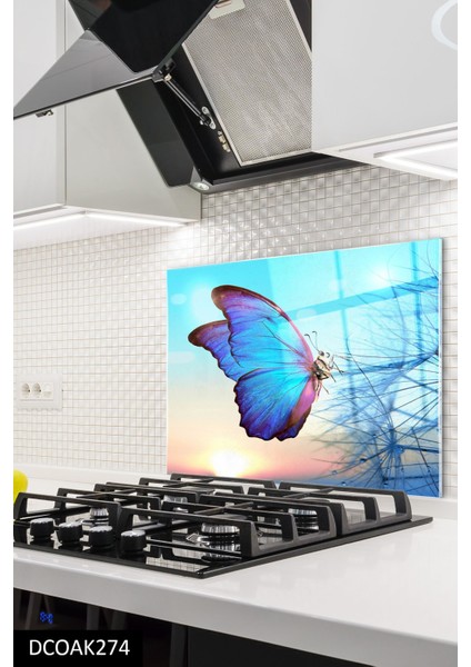 Cam Ocak Arkası Koruyucu | Mavi Kelebek