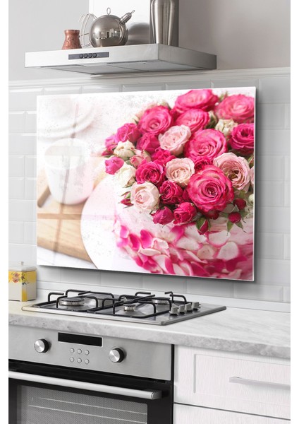 Ocak Arkası Cam Koruyucu Tezgah Ankastre Arkası Koruyucu | Pembe Çiçekler ve Kahve Fincanı