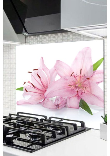 Cam Ocak Arkası Koruyucu Ankastre Arkası Koruyucu | Pembe Çiçek
