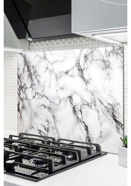 Cam Ocak Arkası Koruyucu Ankastre Arkası Koruyucu | Beyaz - Siyah Mermer