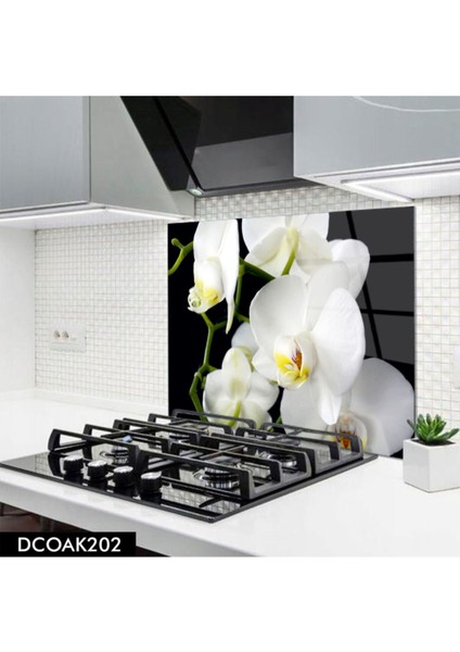Cam Ocak Arkası Koruyucu | Beyaz Çiçek Orkide