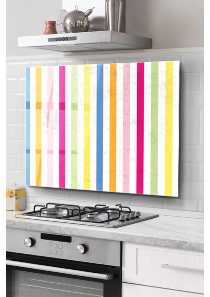 Ocak Arkası Cam Koruyucu Tezgah Ankastre Arkası Koruyucu | Renkli Çizgi Desenli