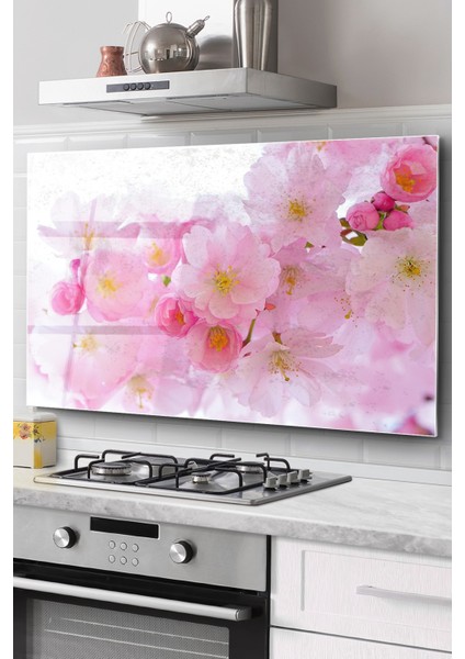 Ocak Arkası Cam Koruyucu Tezgah Ankastre Arkası Koruyucu | Kiraz Çiçeği Desenli