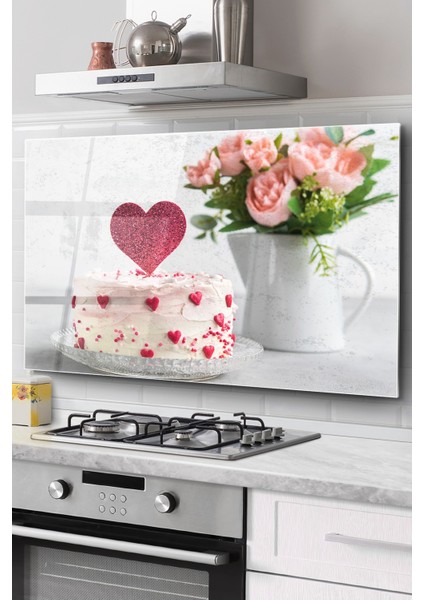 Ocak Arkası Cam Koruyucu Tezgah Ankastre Arkası Koruyucu | Kalpli Pasta ve Çiçekler