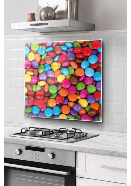 Ocak Arkası Cam Koruyucu Tezgah Ankastre Arkası Koruyucu | Renkli Bonibon Desenli