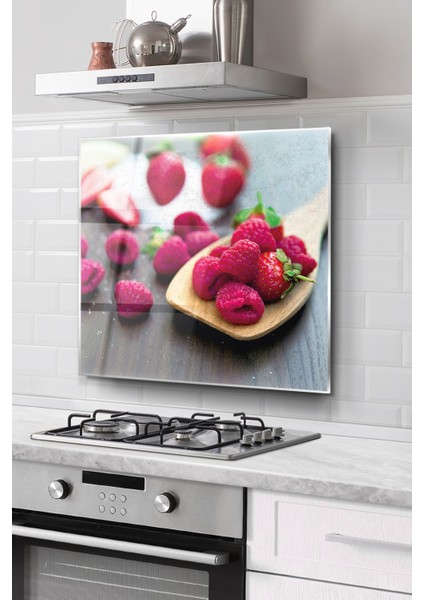 Ocak Arkası Cam Koruyucu Tezgah Ankastre Arkası Koruyucu | Ahududu ve Çiçek Desenli