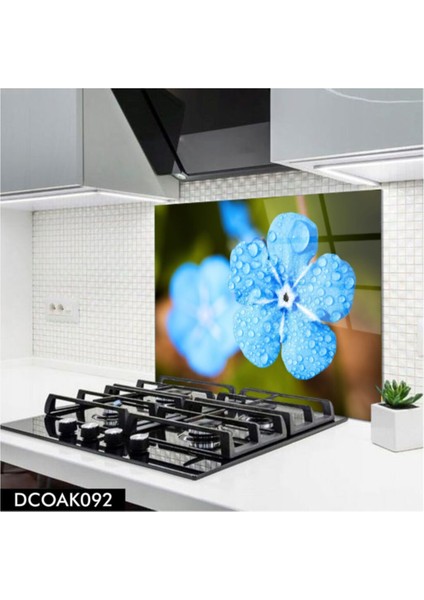 Cam Ocak Arkası Koruyucu | Mavi Çiçek Desenli