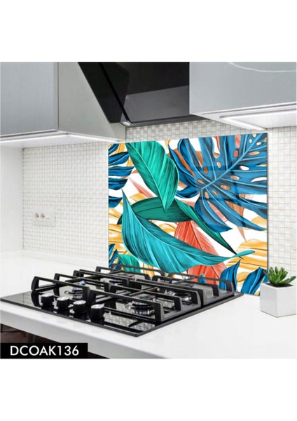 Cam Ocak Arkası Koruyucu | Renkli Yaprak Desenli