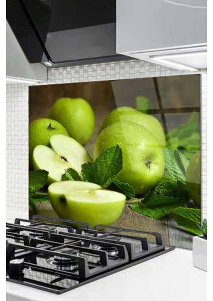 Yeşil Elma Cam Ocak Arkası Koruyucu Ankastre Arkası Koruyucu