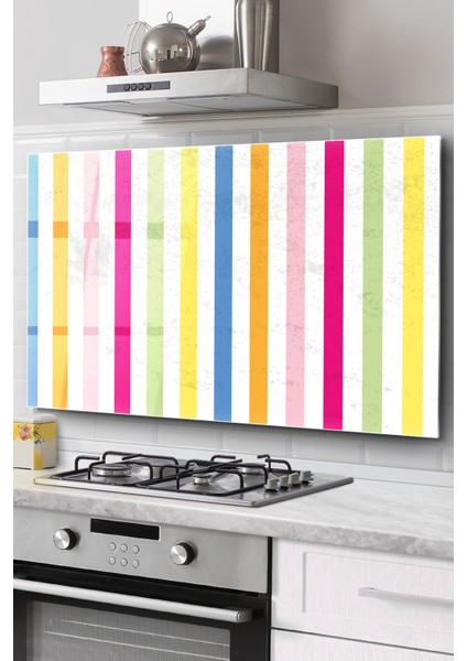 Ocak Arkası Cam Koruyucu Tezgah Ankastre Arkası Koruyucu | Renkli Çizgi Desenli
