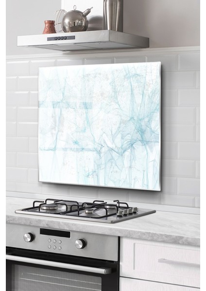 Ocak Arkası Cam Koruyucu Tezgah Ankastre Arkası Koruyucu | Mavi Geometrik Desenli